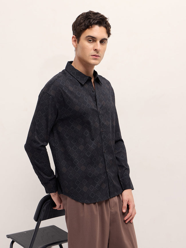 Men Black Geometrical Print Relax Fit Overshirt