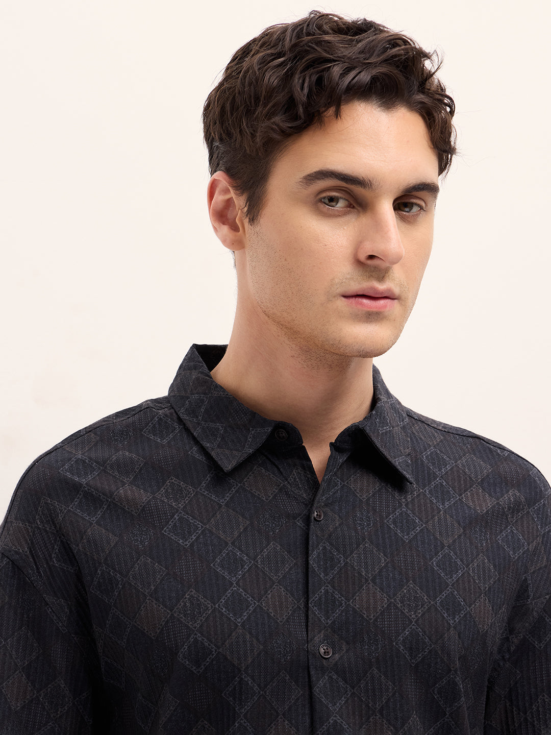 Men Black Geometrical Print Relax Fit Overshirt