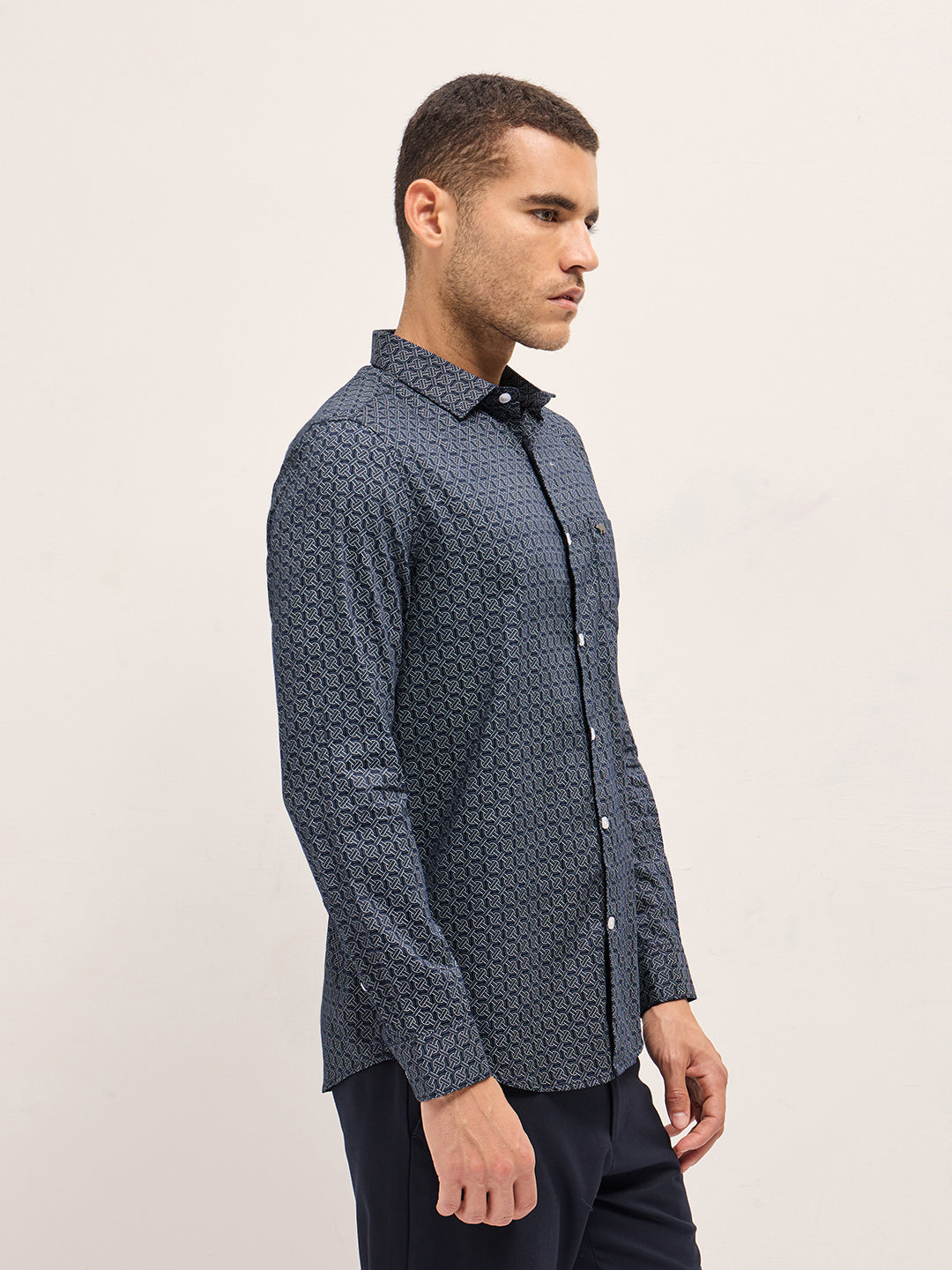 Men Navy Blue Geometric Printed Tailored Fit Formal Shirt