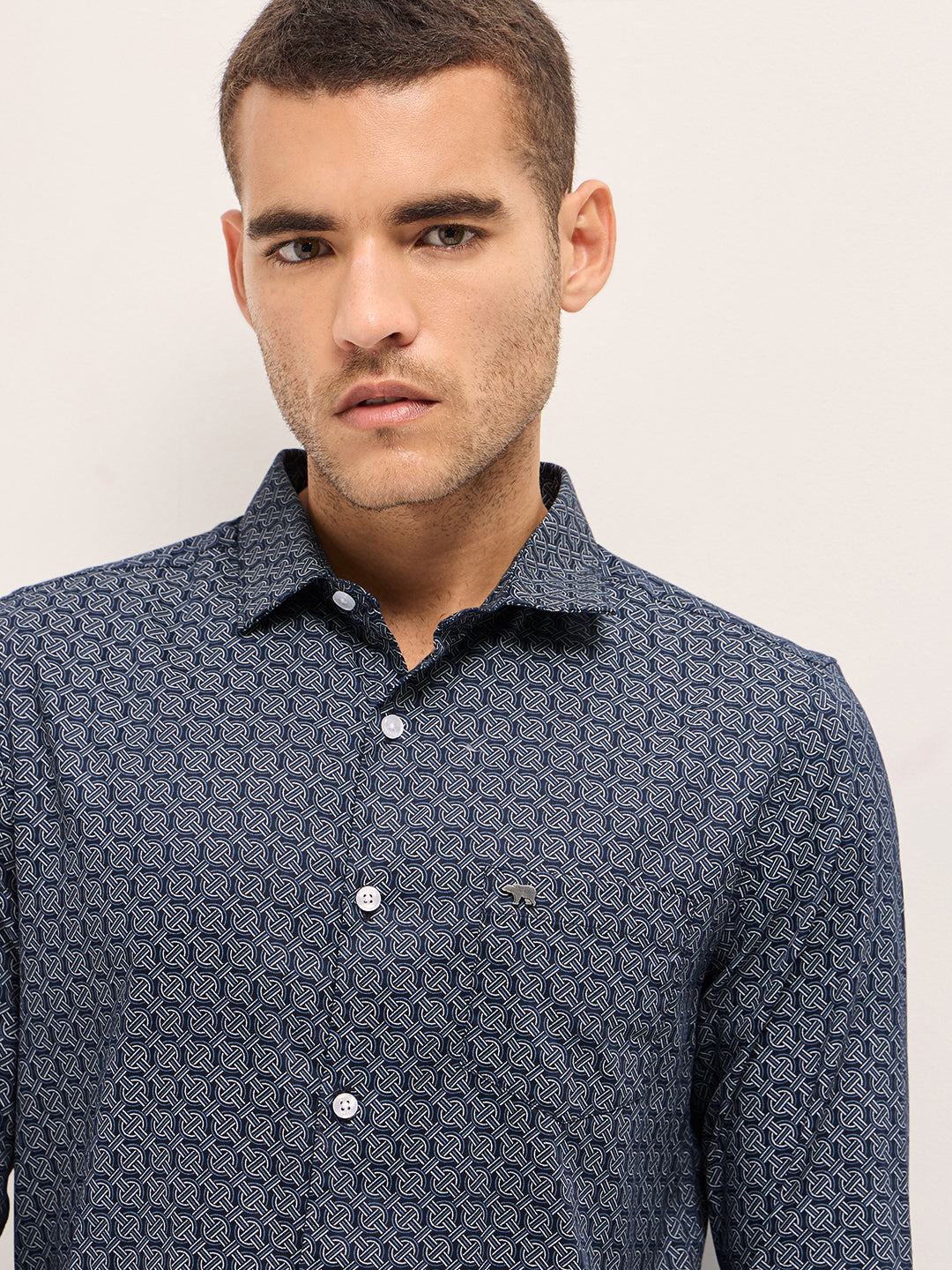 Men Navy Blue Geometric Printed Tailored Fit Formal Shirt