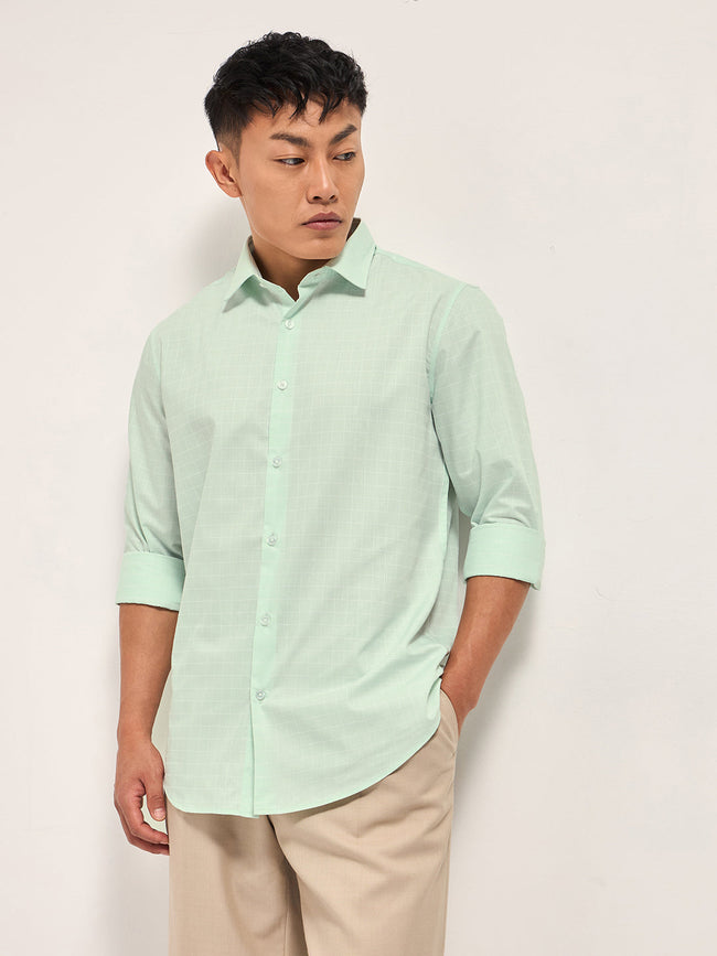 Men Light Green Windowpane Checks Tailored Fit Formal Shirt