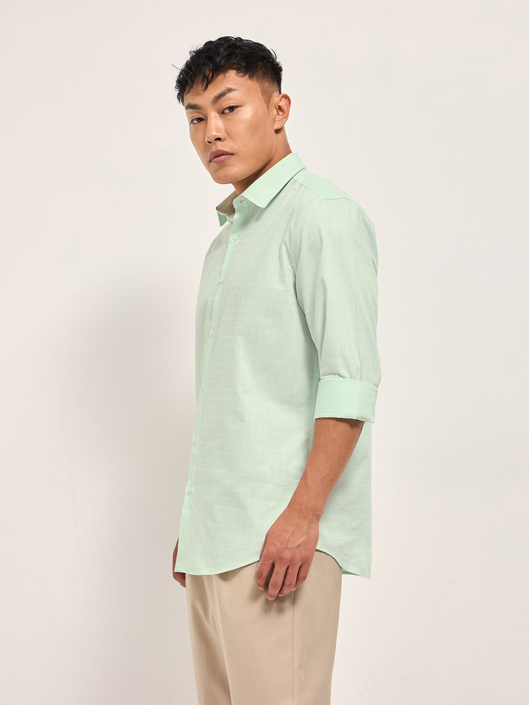 Men Light Green Windowpane Checks Tailored Fit Formal Shirt