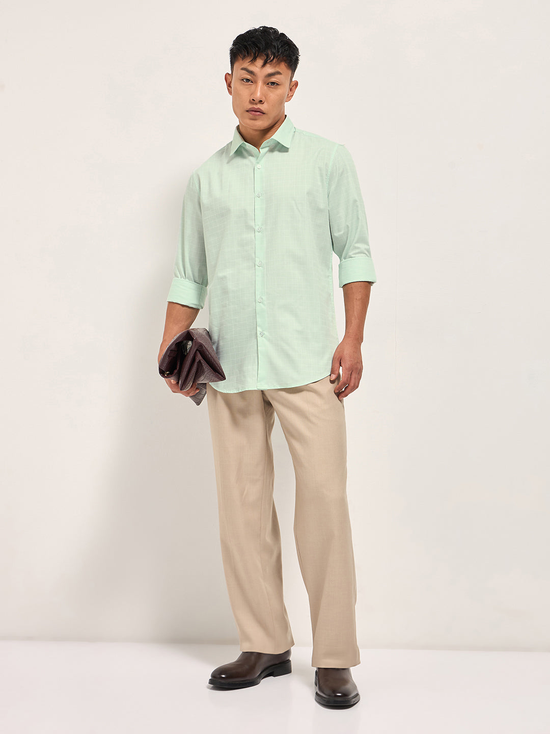 Men Light Green Windowpane Checks Tailored Fit Formal Shirt