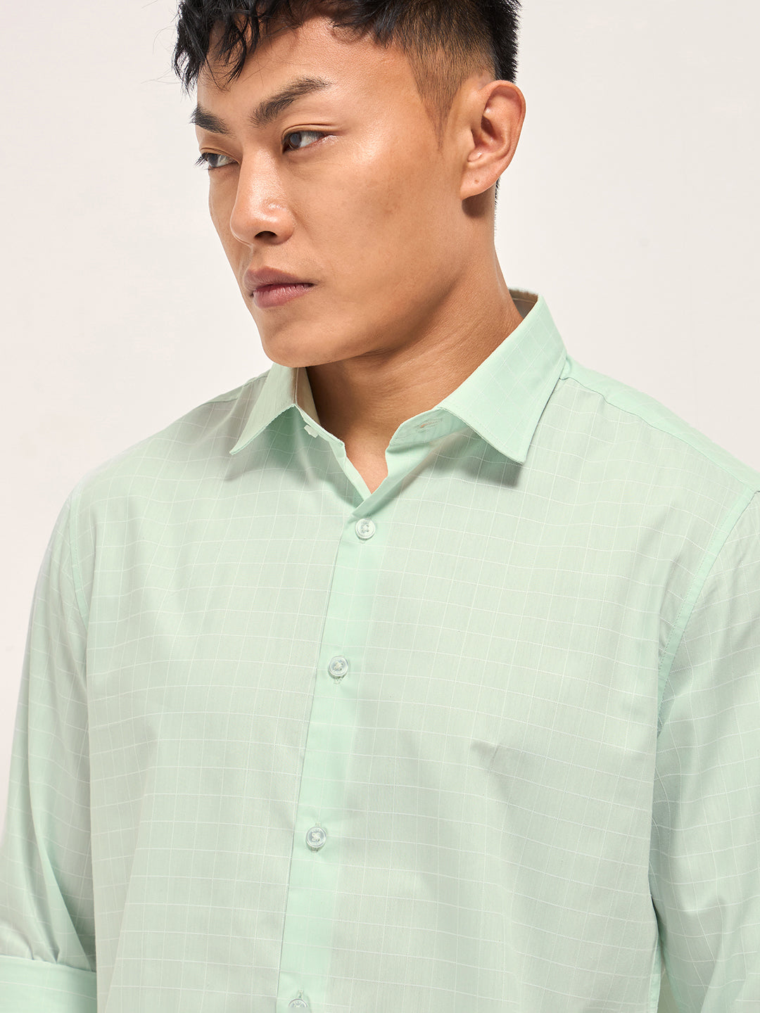 Men Light Green Windowpane Checks Tailored Fit Formal Shirt