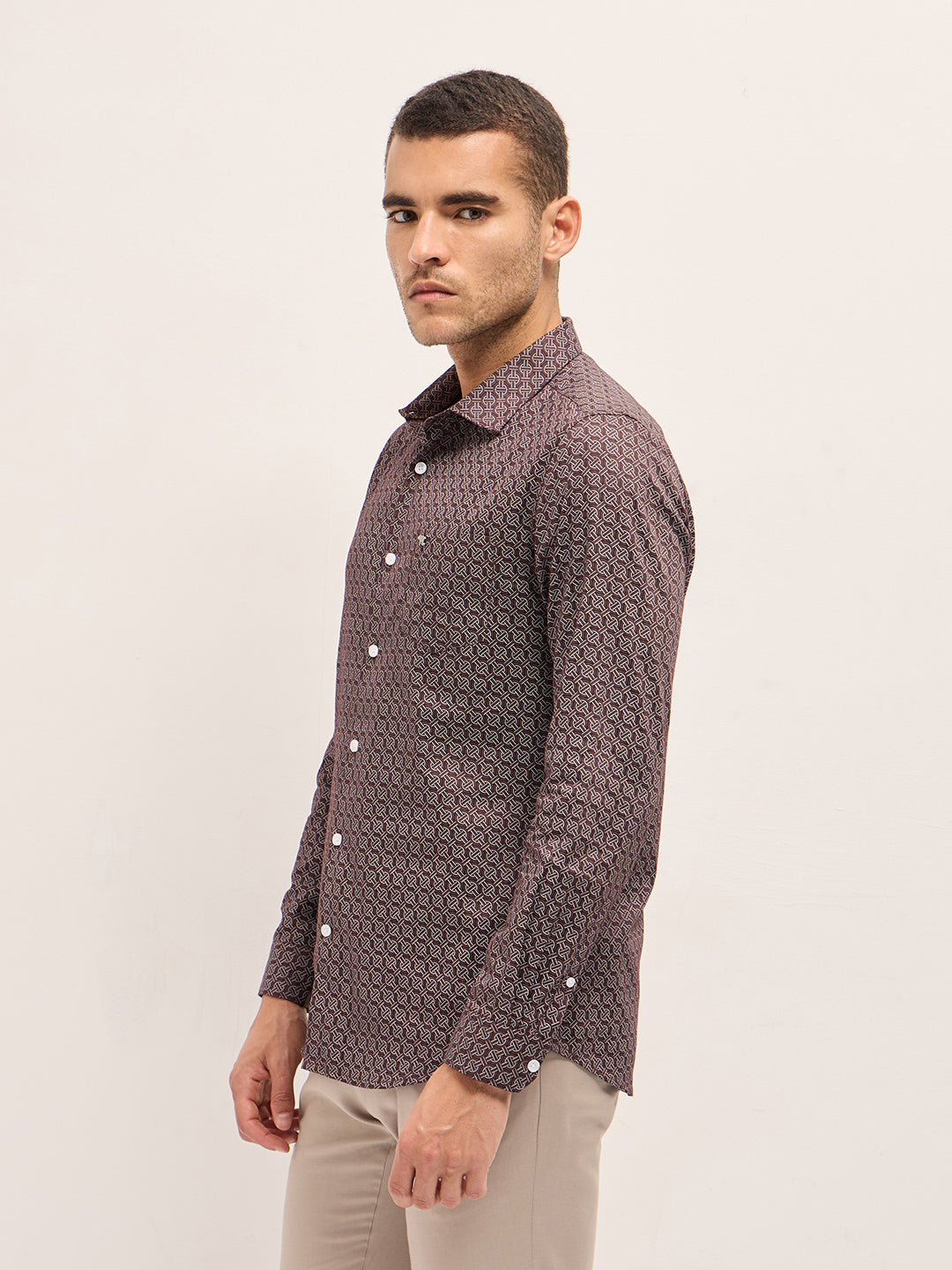 Men Brown Geometric Printed Tailored Fit Formal Shirt