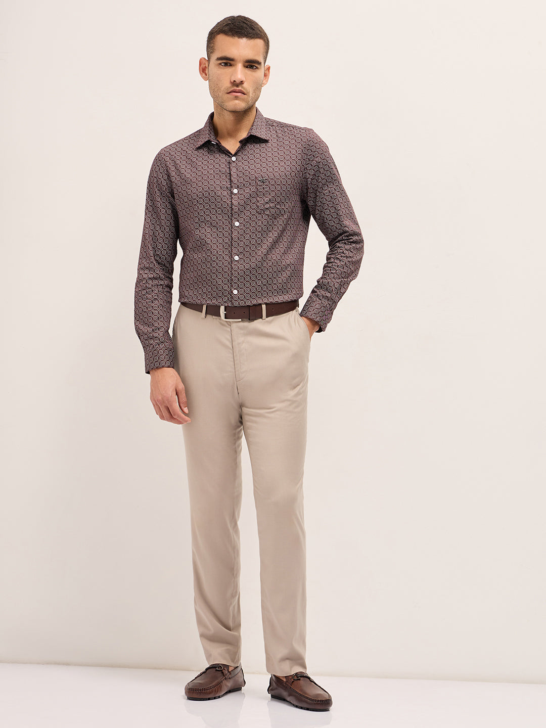 Men Brown Geometric Printed Tailored Fit Formal Shirt