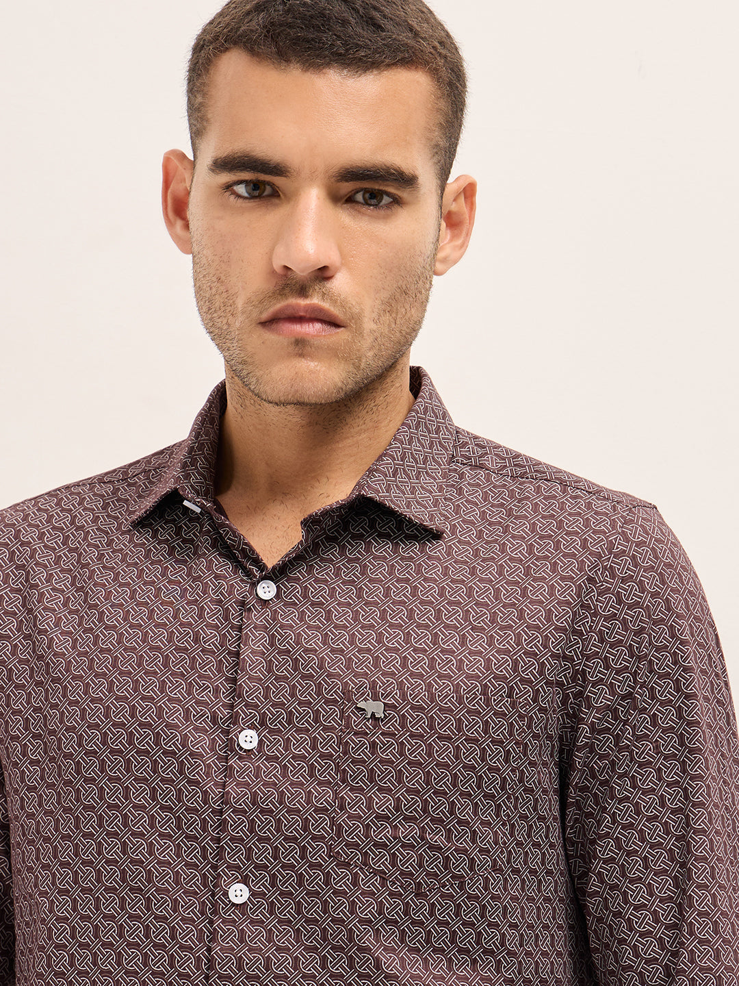 Men Brown Geometric Printed Tailored Fit Formal Shirt