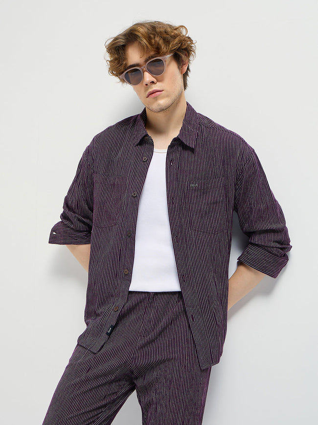Men Purple Pinstripes Regular Fit Casual Shirt