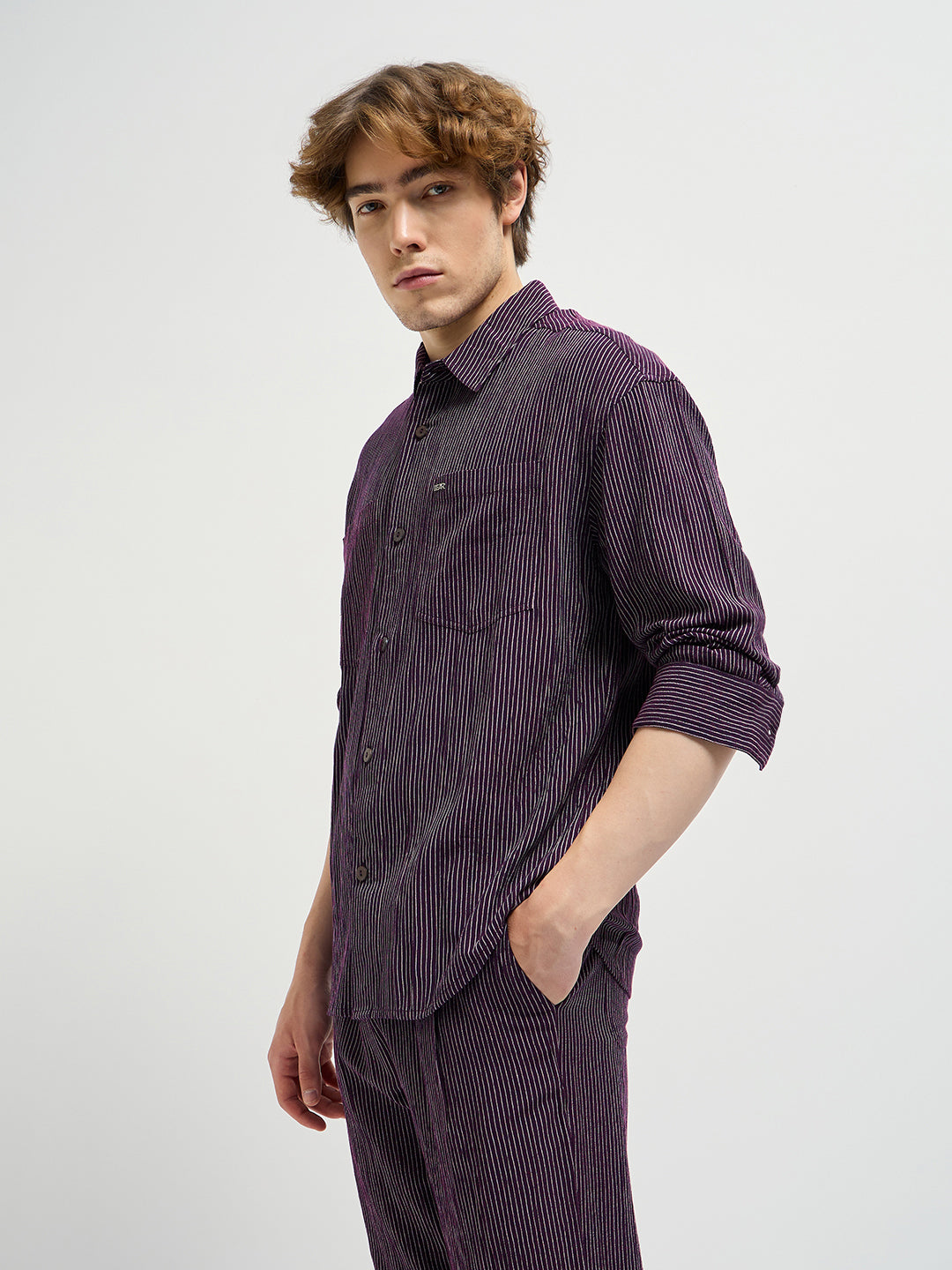 Men Purple Pinstripes Regular Fit Casual Shirt