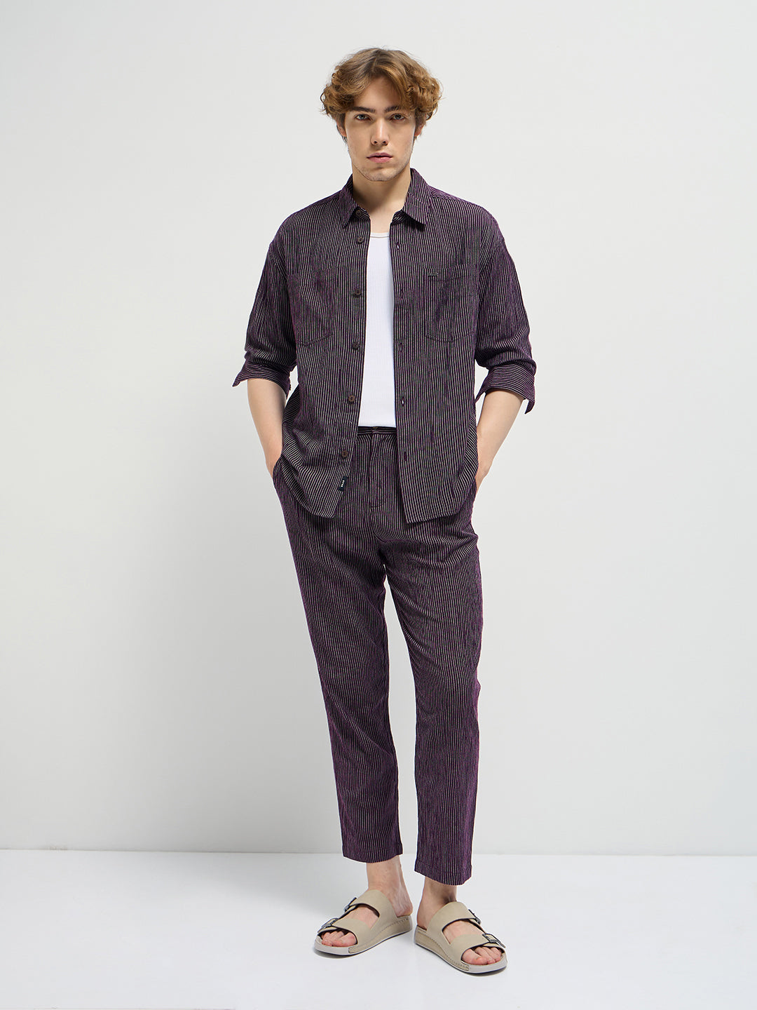 Men Purple Pinstripes Regular Fit Casual Shirt
