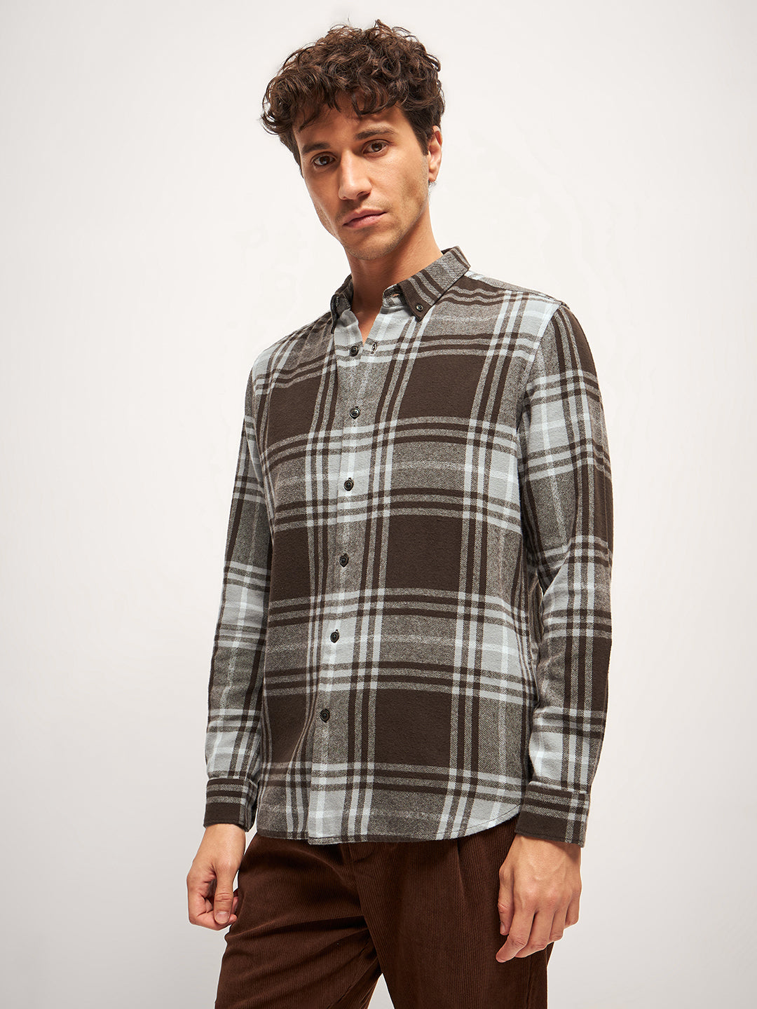 Men Brown Checked Slim Fit Casual Shirt