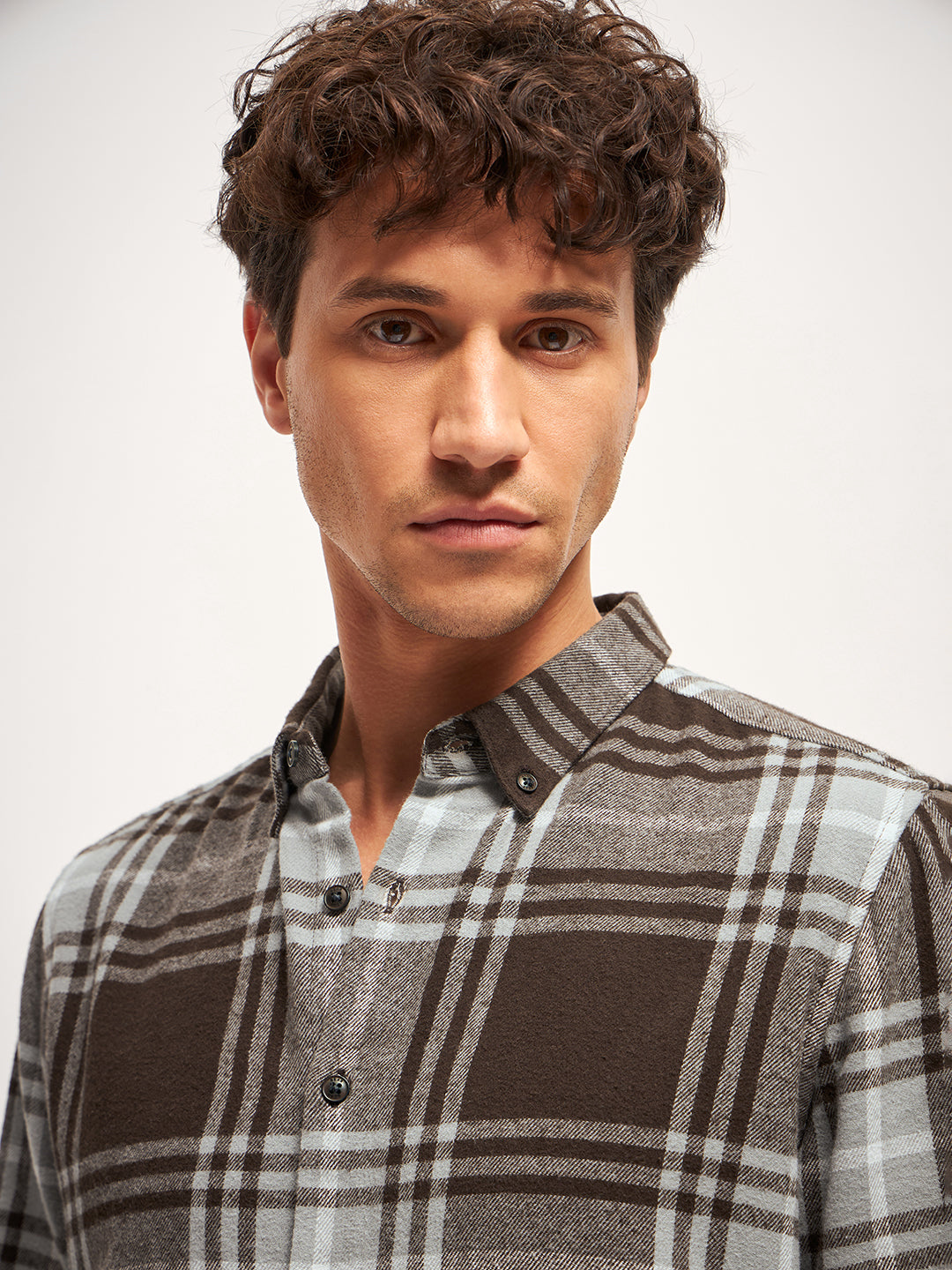 Men Brown Checked Slim Fit Casual Shirt