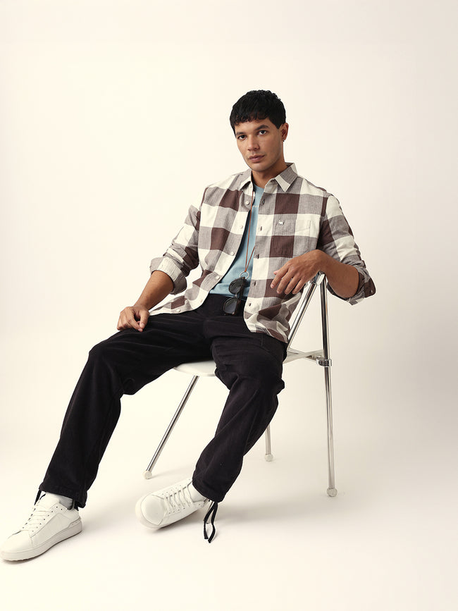 Men Brown Checked Shirt