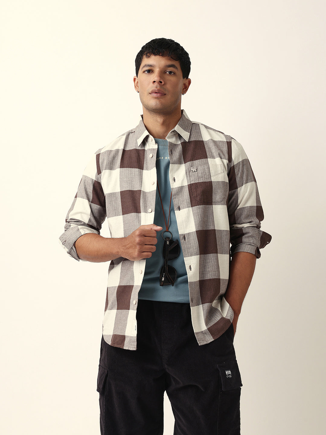 Men Brown Checked Shirt
