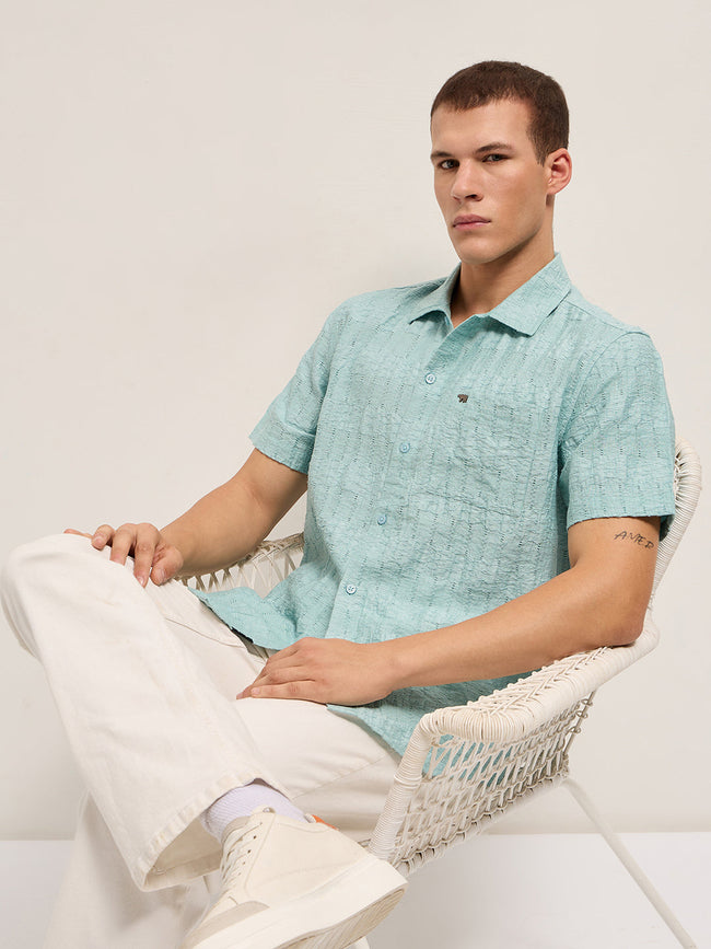 Men Blue Crinkle Textured Regular Fit Half-Sleeve Casual Shirt