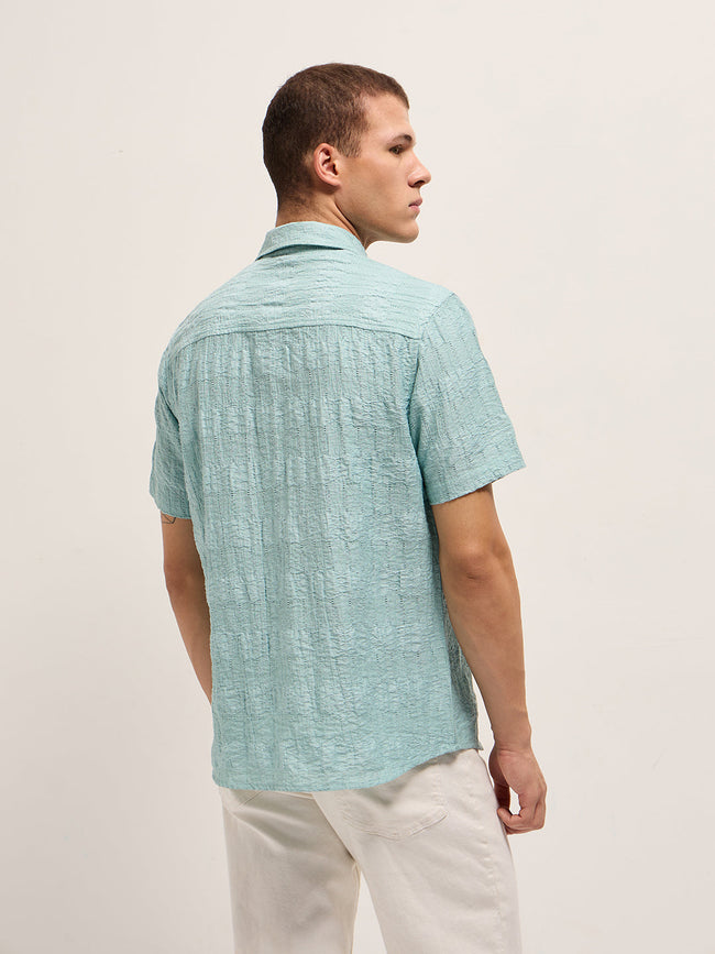 Men Blue Crinkle Textured Regular Fit Half-Sleeve Casual Shirt