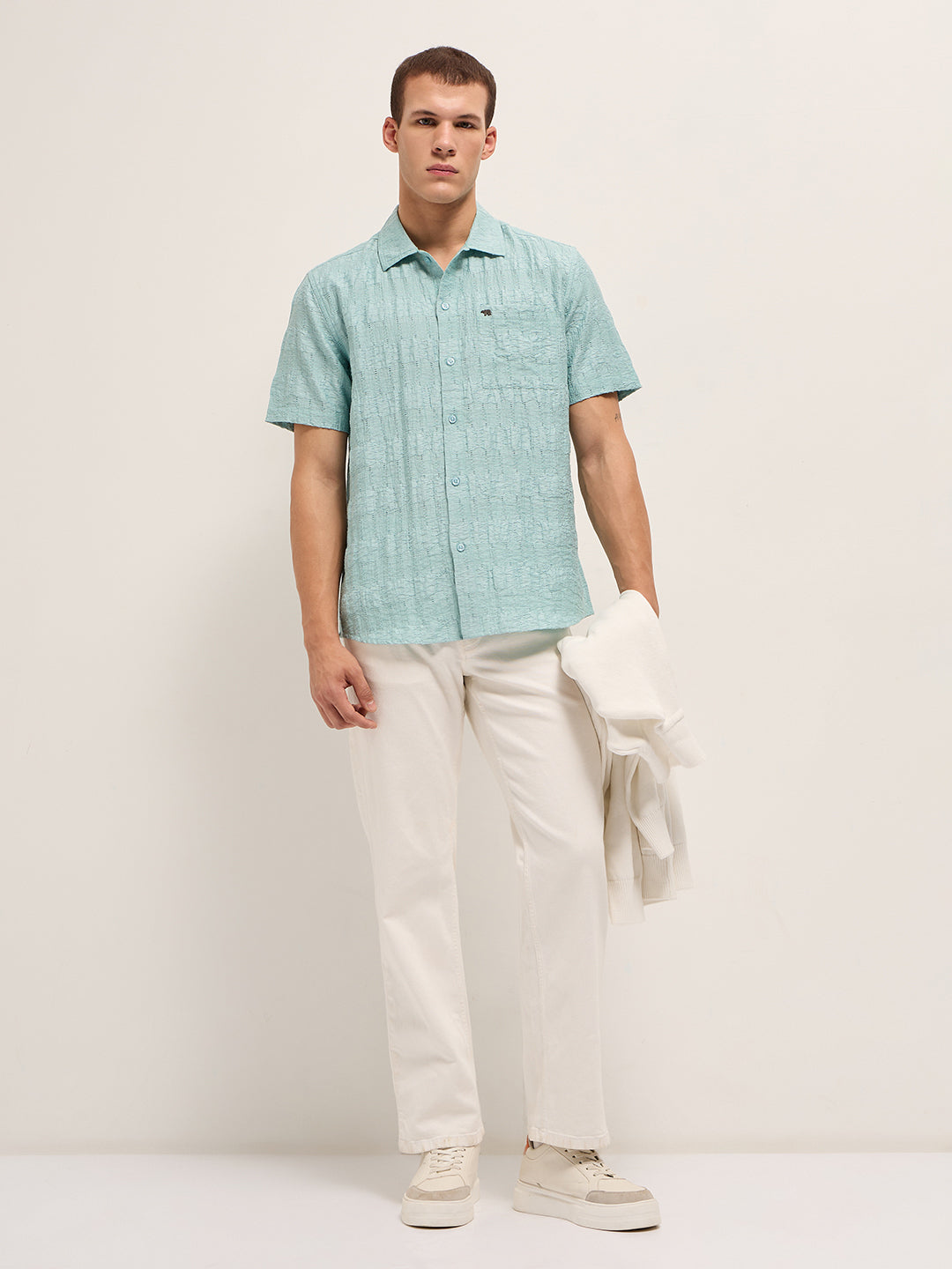 Men Blue Crinkle Textured Regular Fit Half-Sleeve Casual Shirt