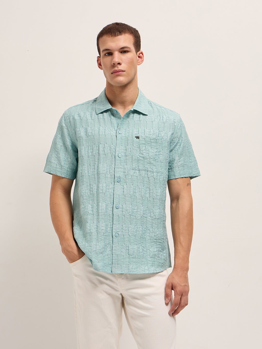 Men Blue Crinkle Textured Regular Fit Half-Sleeve Casual Shirt