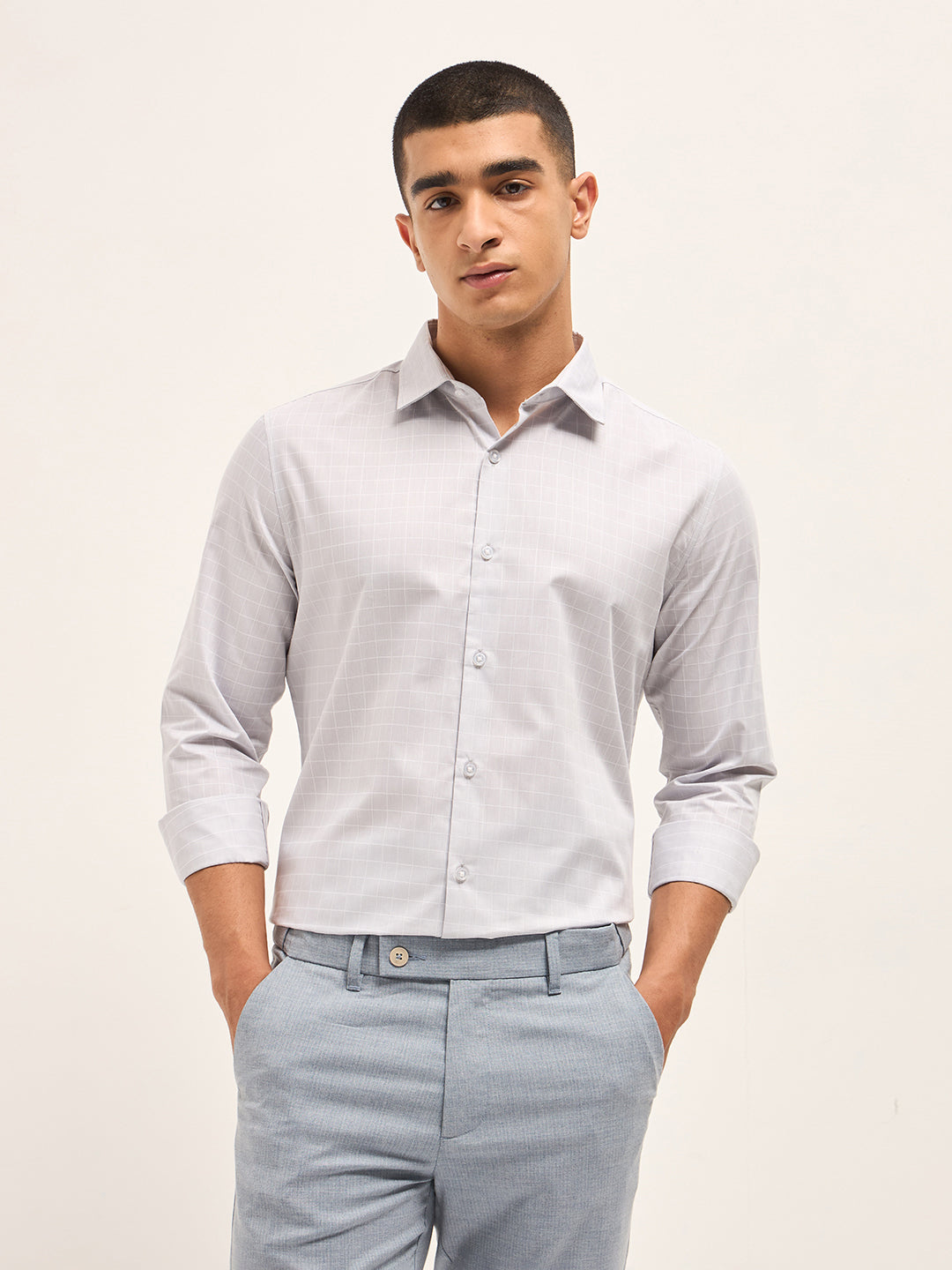 Men Light Grey Windowpane Checks Tailored Fit Formal Shirt
