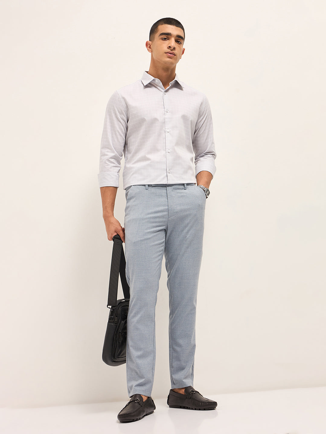 Men Light Grey Windowpane Checks Tailored Fit Formal Shirt