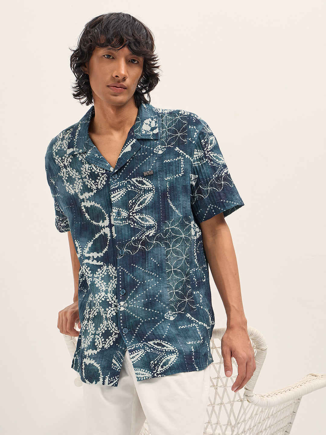 Men Blue Viscose Paisley Print Relaxed Fit Cuban Collar Shirt