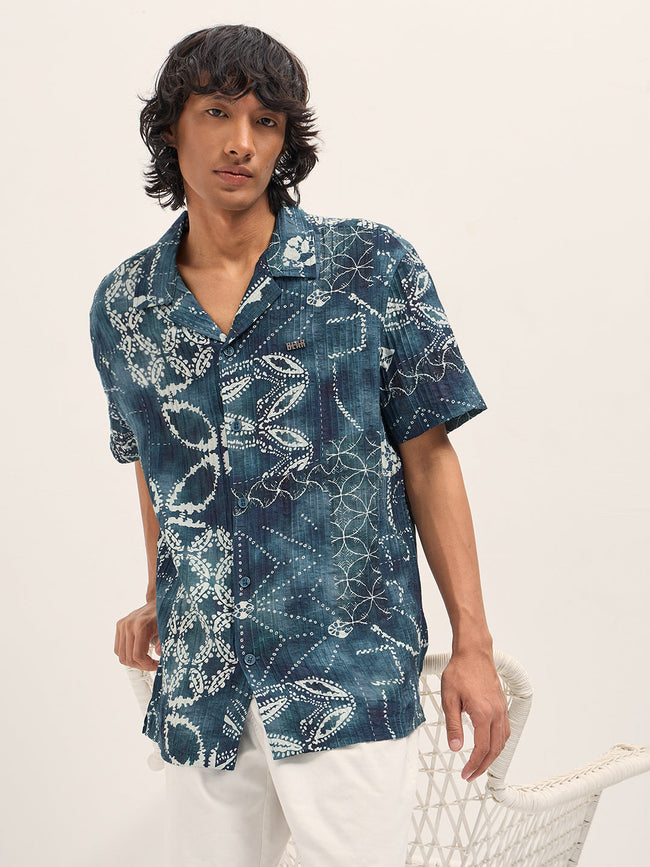Men Blue Viscose Paisley Print Relaxed Fit Cuban Collar Shirt