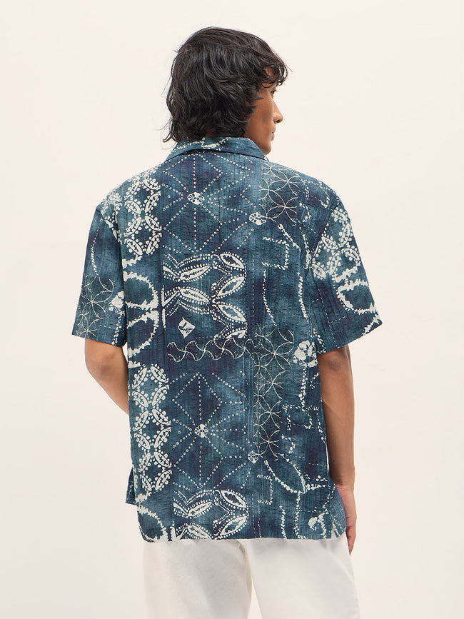 Men Blue Viscose Paisley Print Relaxed Fit Cuban Collar Shirt