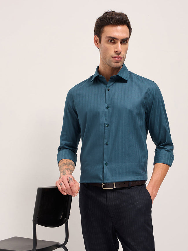 Men Teal Blue Cotton Woven Stripes Design Tailored Fit Formal Shirt