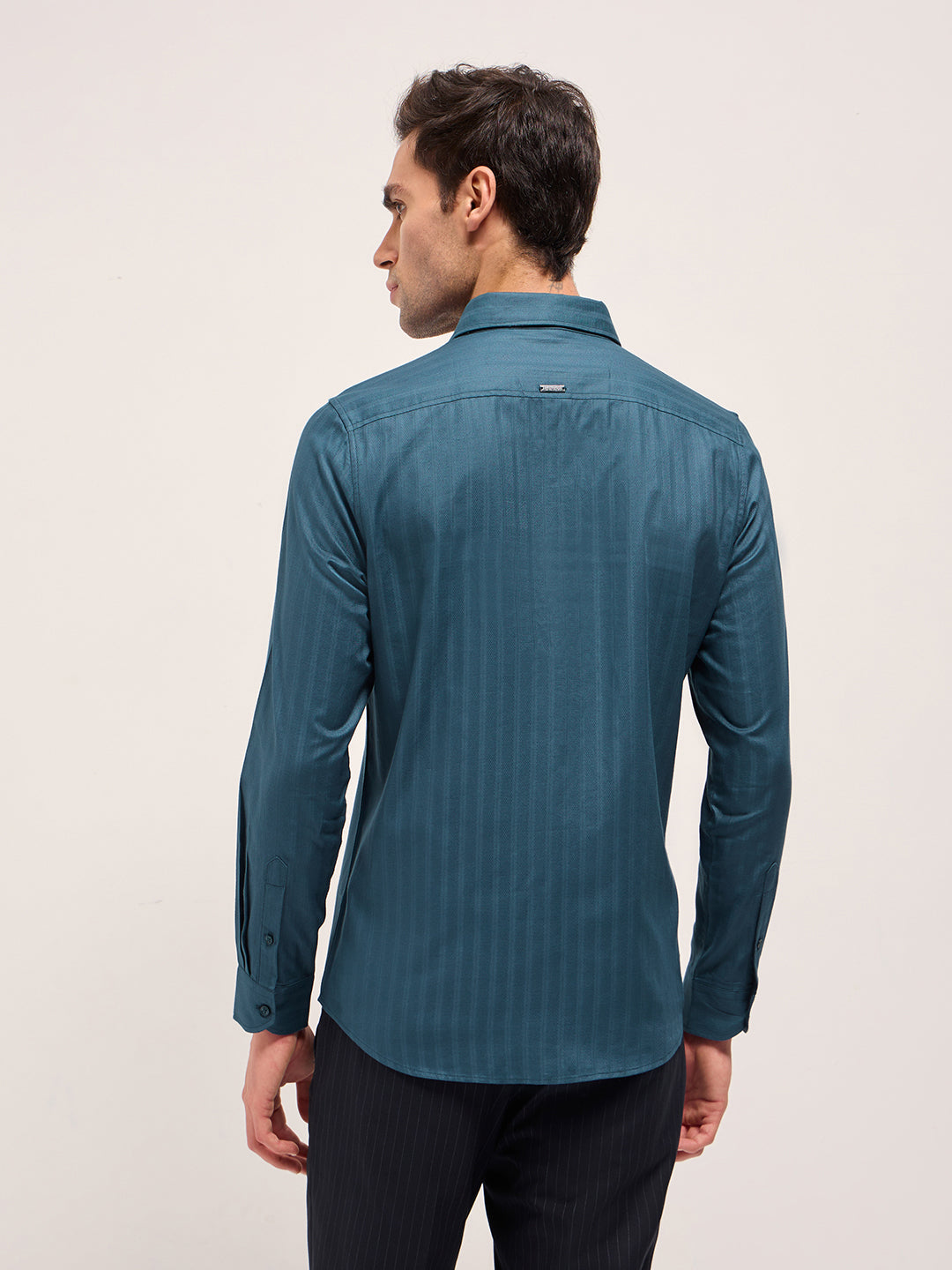 Men Teal Blue Cotton Woven Stripes Design Tailored Fit Formal Shirt