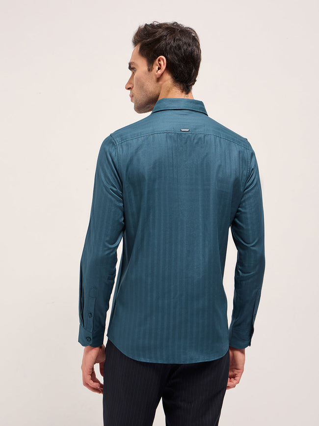 Men Teal Blue Cotton Woven Stripes Design Tailored Fit Formal Shirt