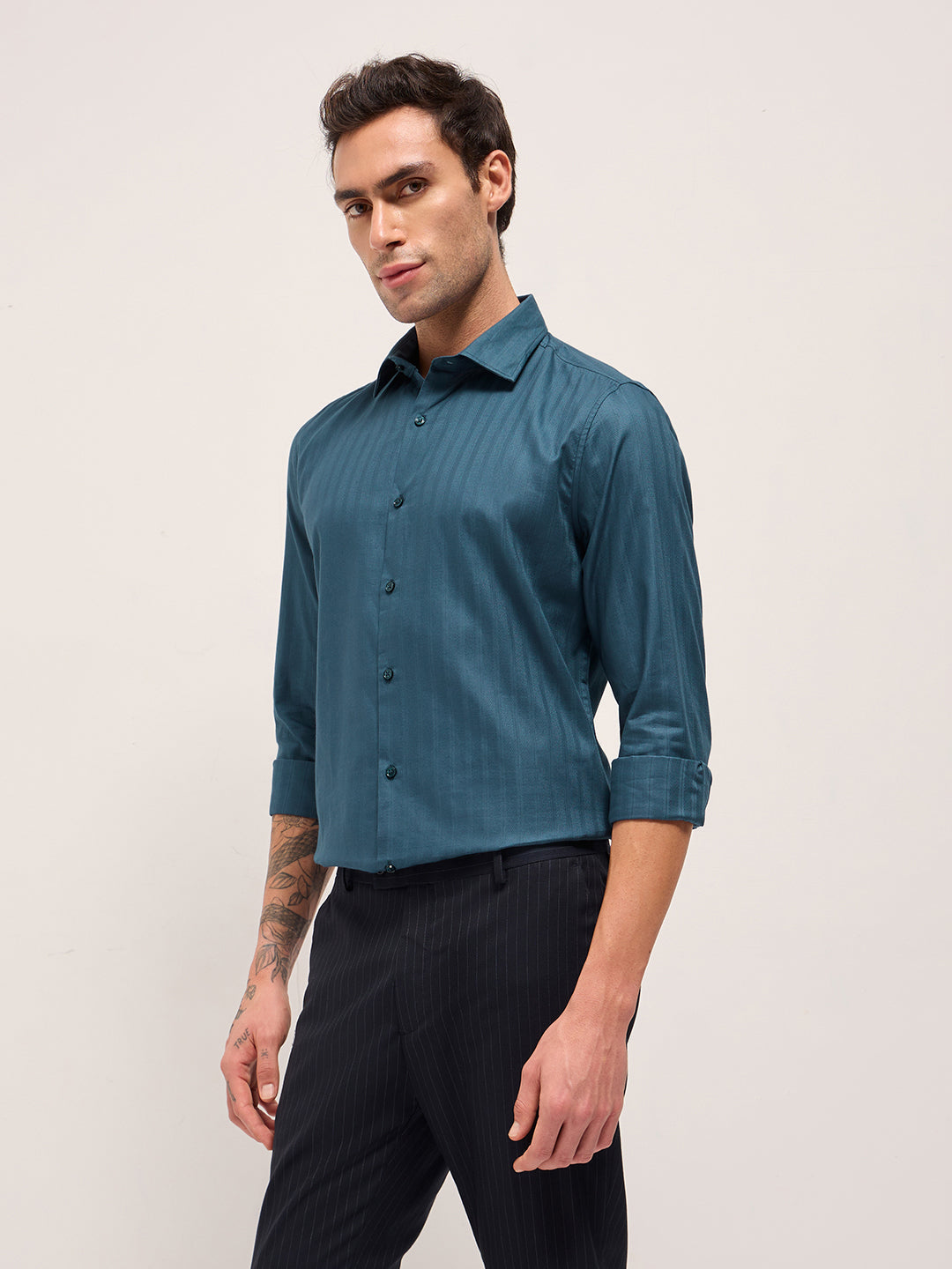 Men Teal Blue Cotton Woven Stripes Design Tailored Fit Formal Shirt