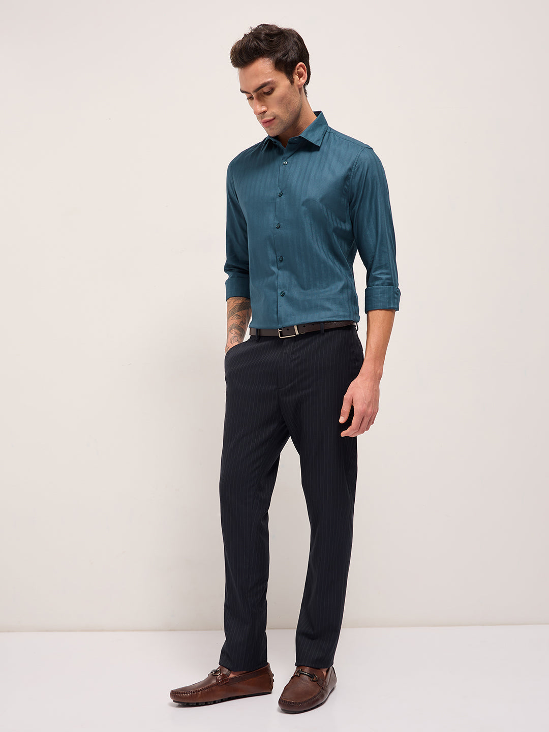 Men Teal Blue Cotton Woven Stripes Design Tailored Fit Formal Shirt