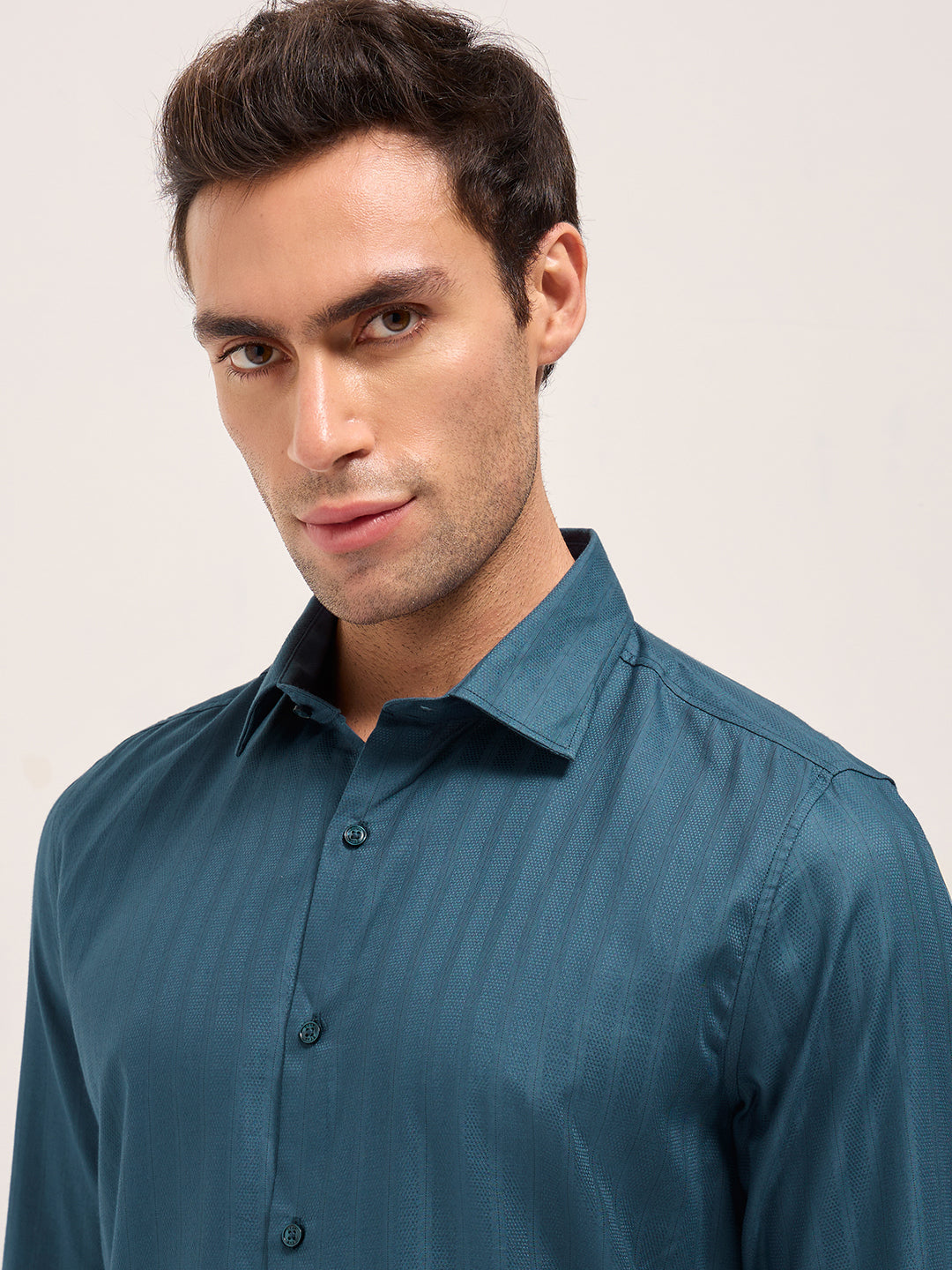 Men Teal Blue Cotton Woven Stripes Design Tailored Fit Formal Shirt