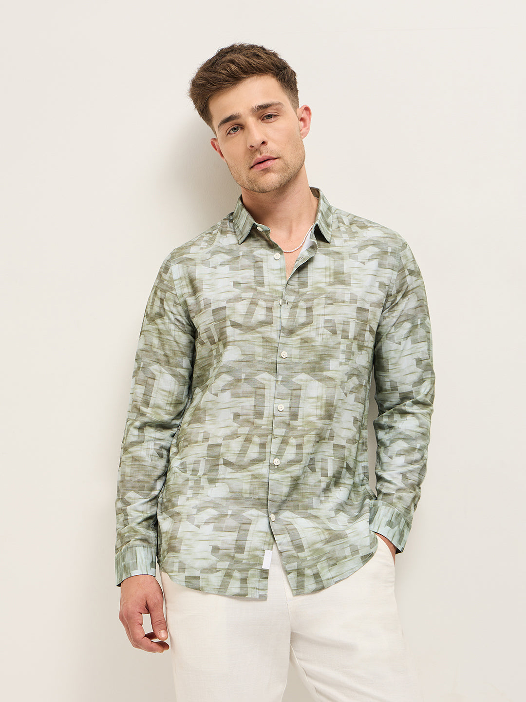 Men Shirt Green Abstract geometric Print Tailored Fit Formal Shirt