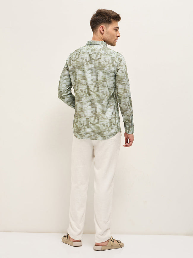 Men Shirt Green Abstract geometric Print Tailored Fit Formal Shirt