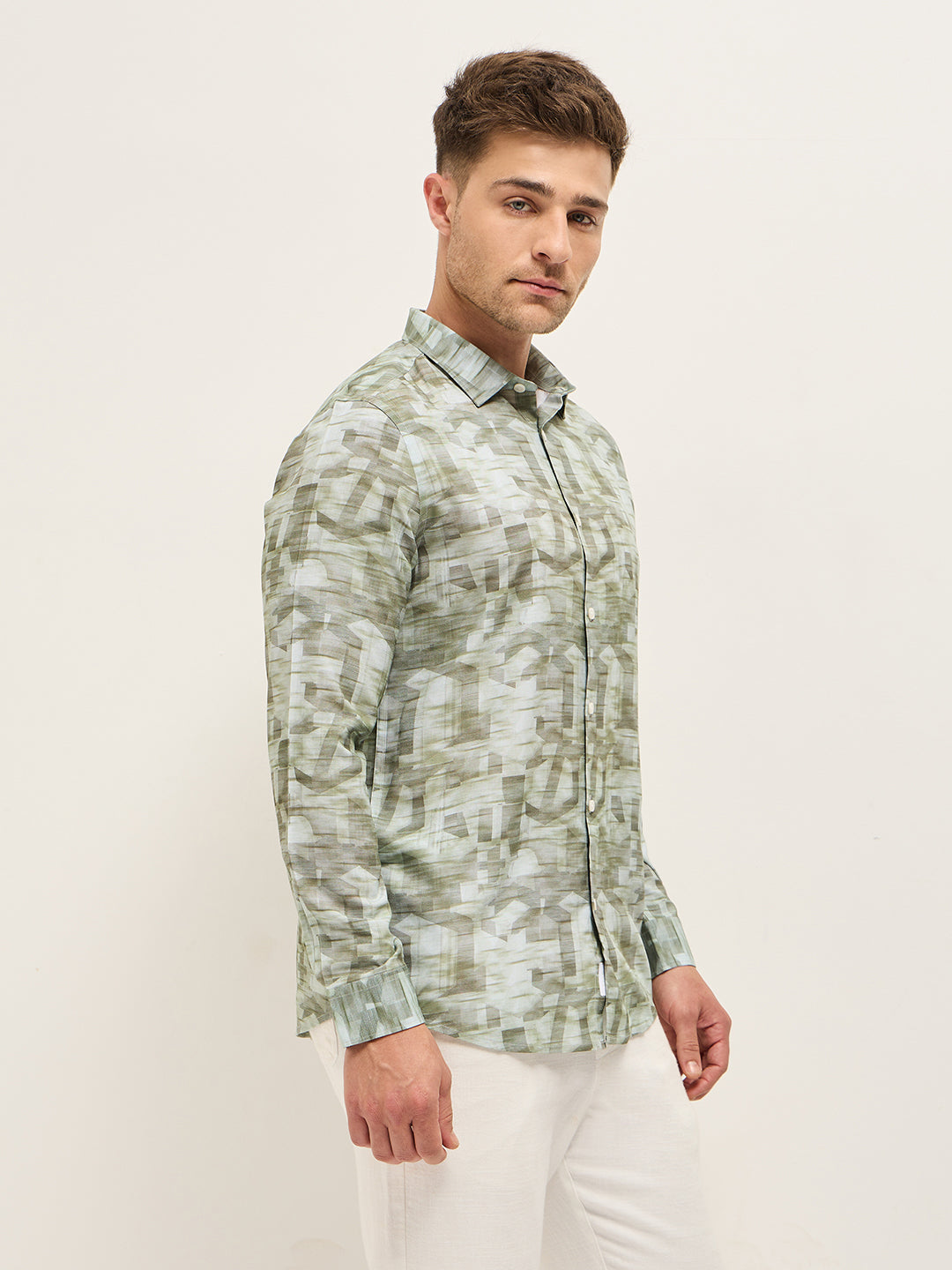 Men Shirt Green Abstract geometric Print Tailored Fit Formal Shirt