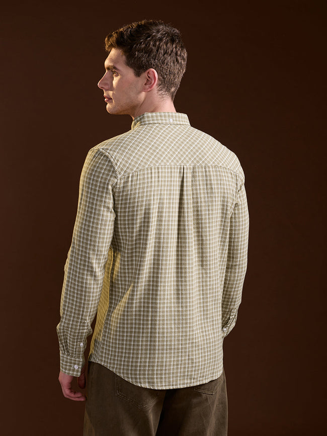Men Olive Checkered Slim Fit Casual Shirt