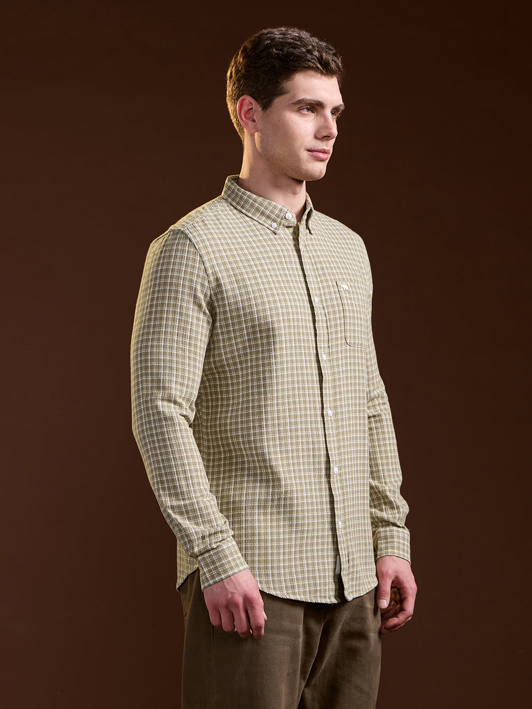 Men Olive Checkered Slim Fit Casual Shirt