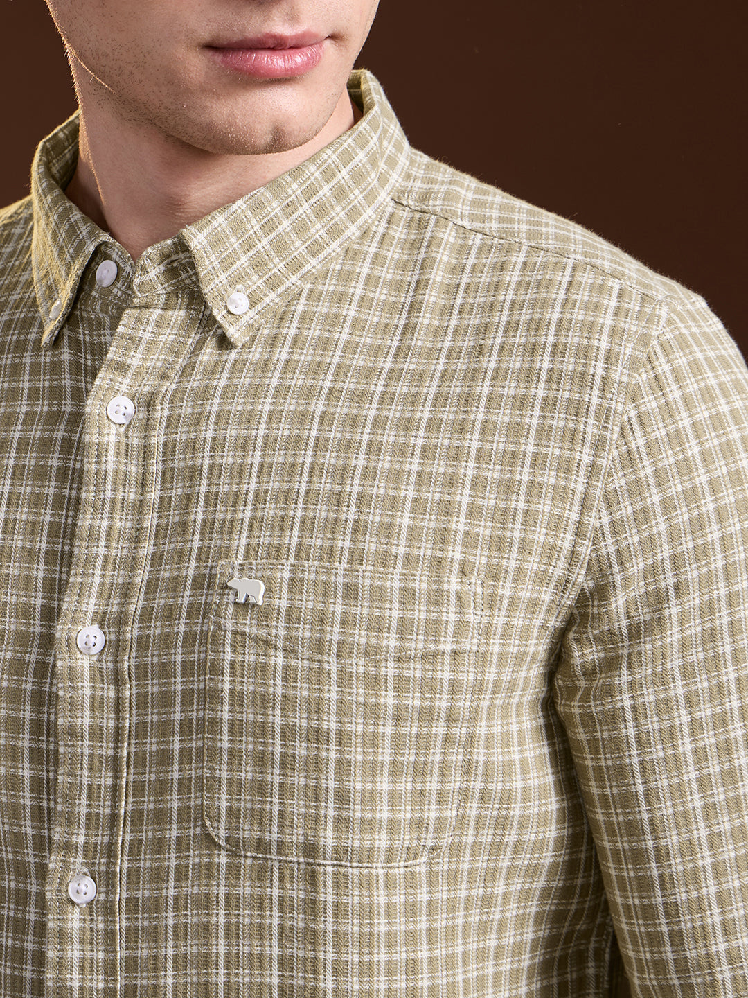 Men Olive Checkered Slim Fit Casual Shirt