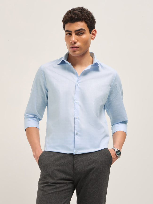Men Light Blue Windowpane Checks Tailored Fit Formal Shirt