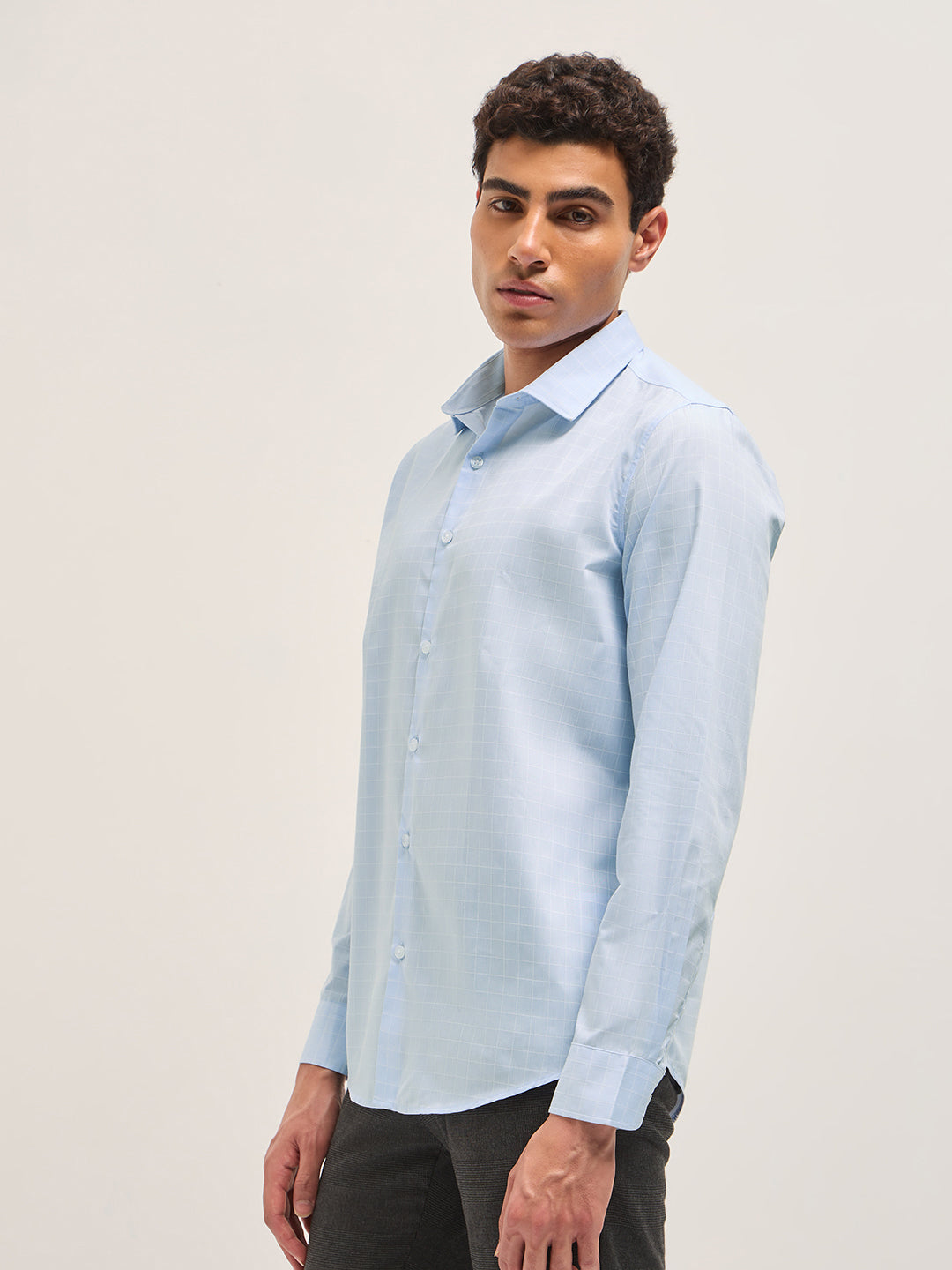 Men Light Blue Windowpane Checks Tailored Fit Formal Shirt