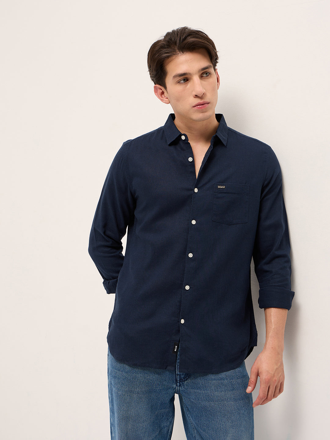 Men Navy Blue Solid Lyocell Slim Fit Casual Shirt