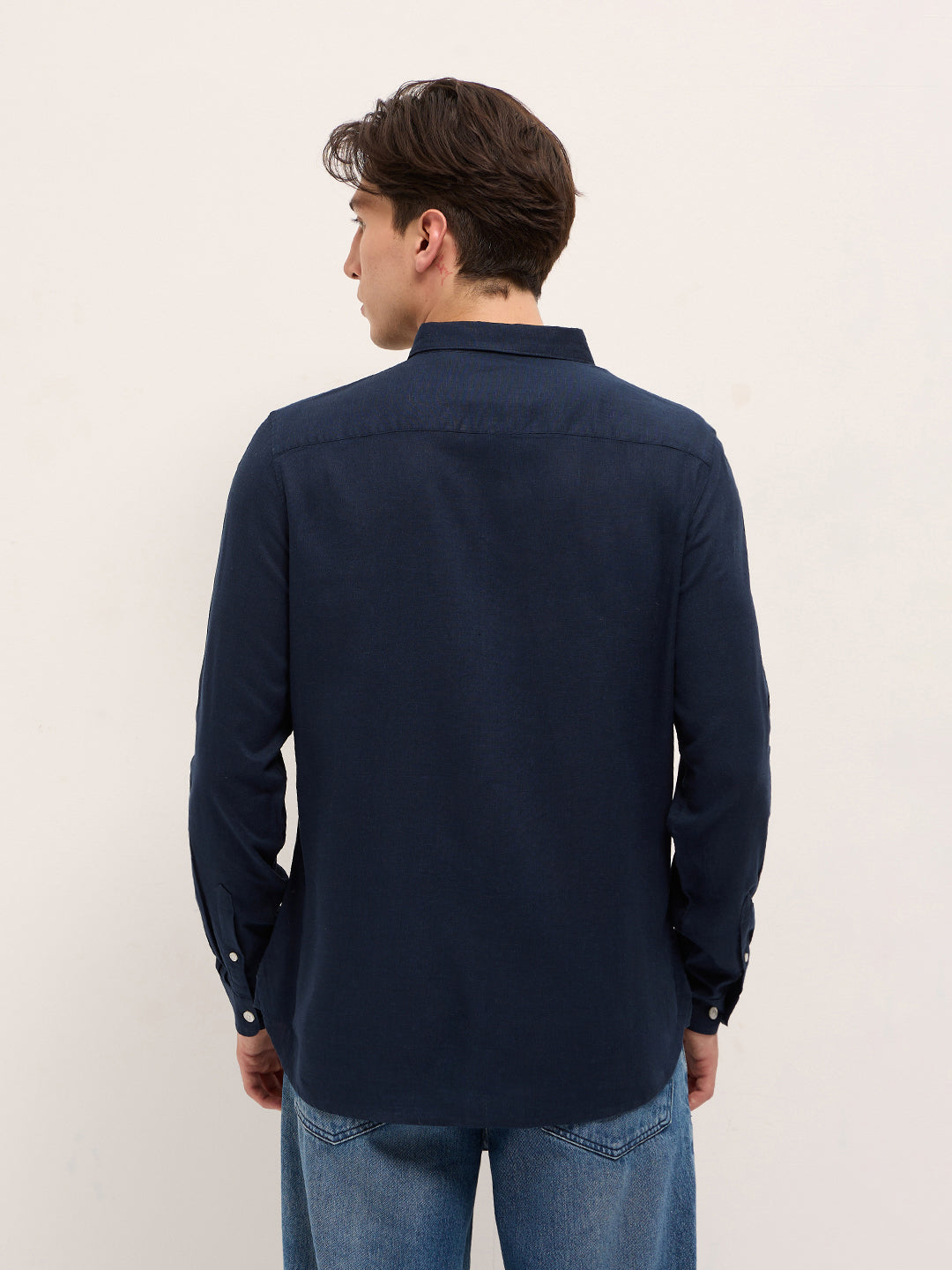 Men Navy Blue Solid Lyocell Slim Fit Casual Shirt