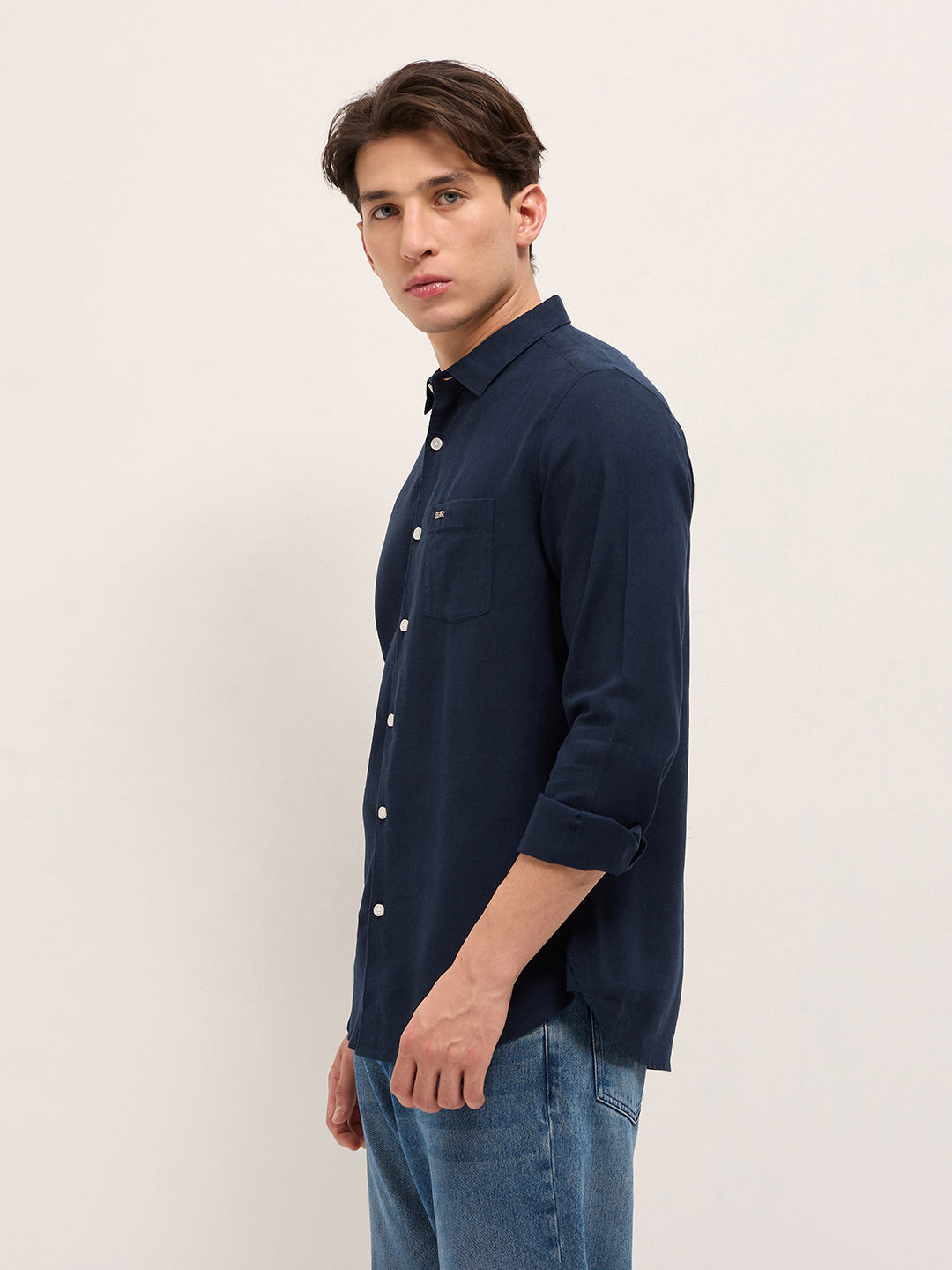 Men Navy Blue Solid Lyocell Slim Fit Casual Shirt