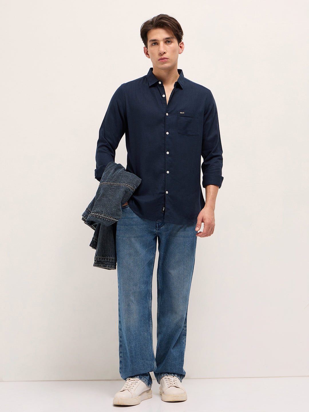 Men Navy Blue Solid Lyocell Slim Fit Casual Shirt