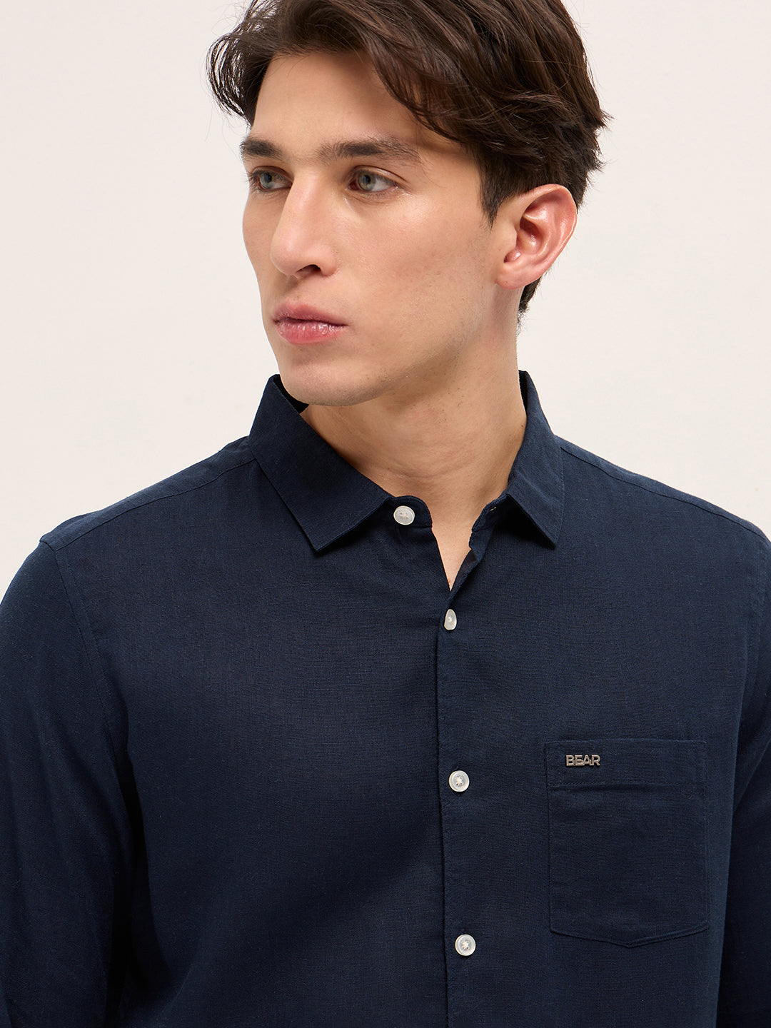 Men Navy Blue Solid Lyocell Slim Fit Casual Shirt