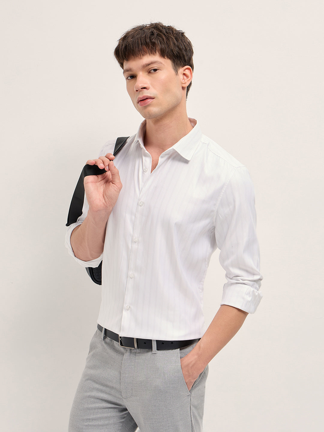 Men White Woven Stripe Pattern Tailored Fit Formal Shirt