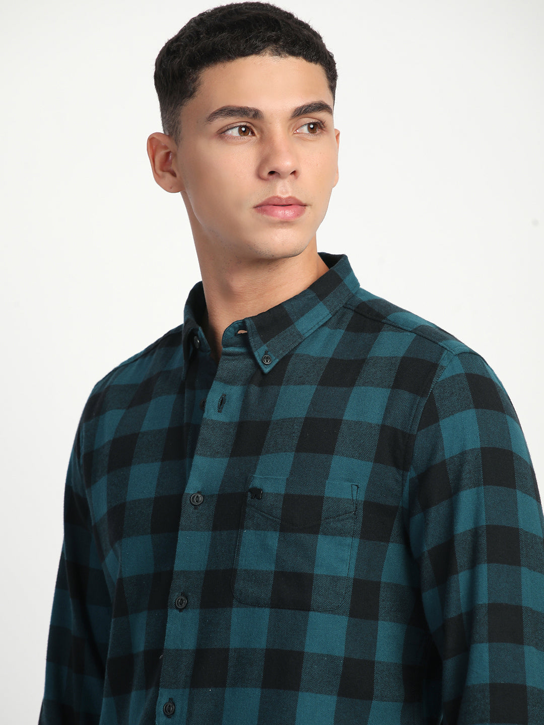 Men Teal Checked Slim Fit Casual Shirt