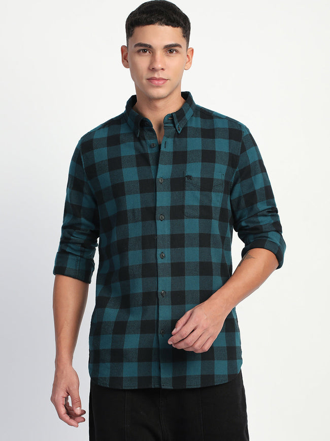 Men Teal Checked Slim Fit Casual Shirt