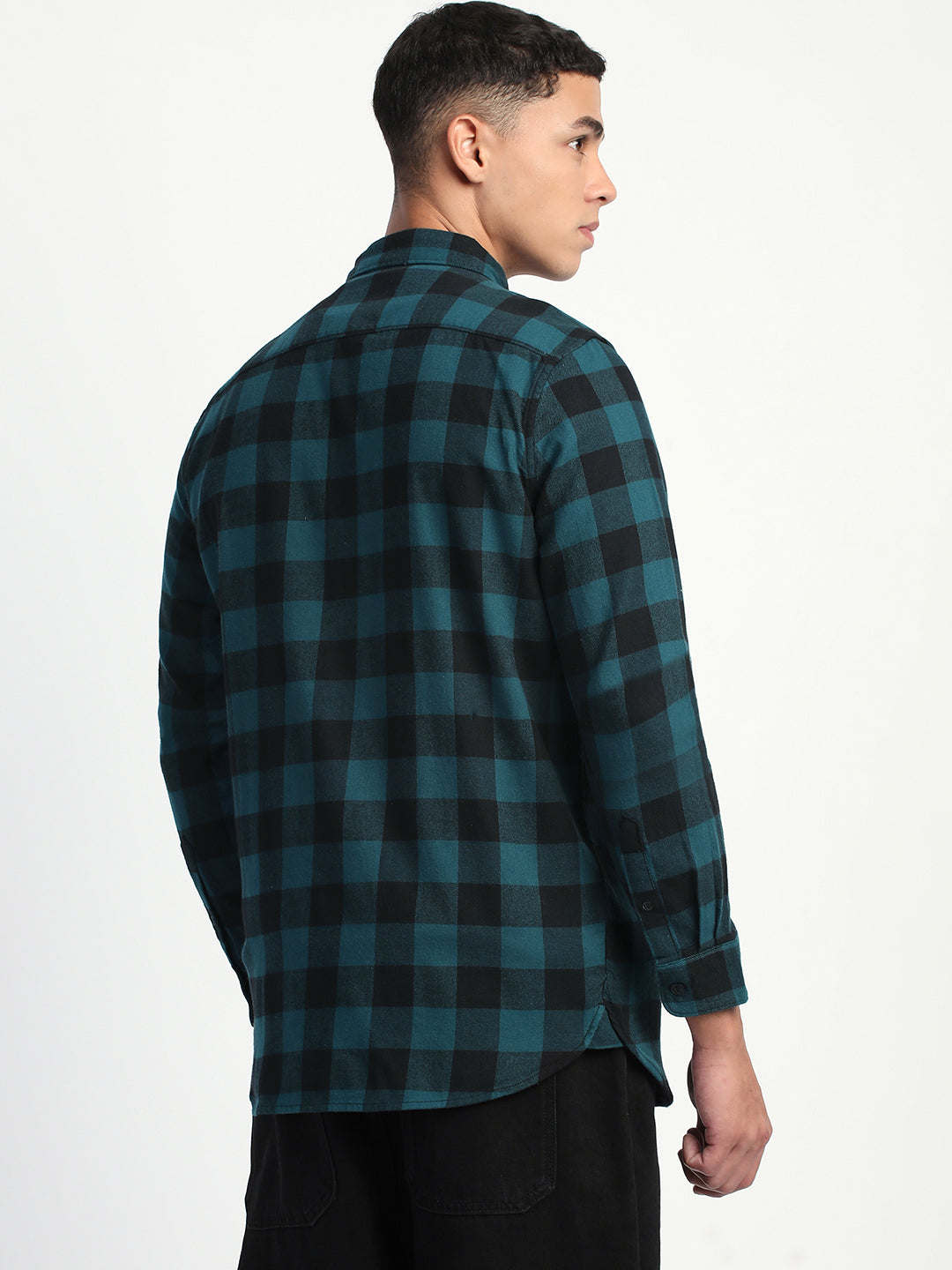 Men Teal Checked Slim Fit Casual Shirt
